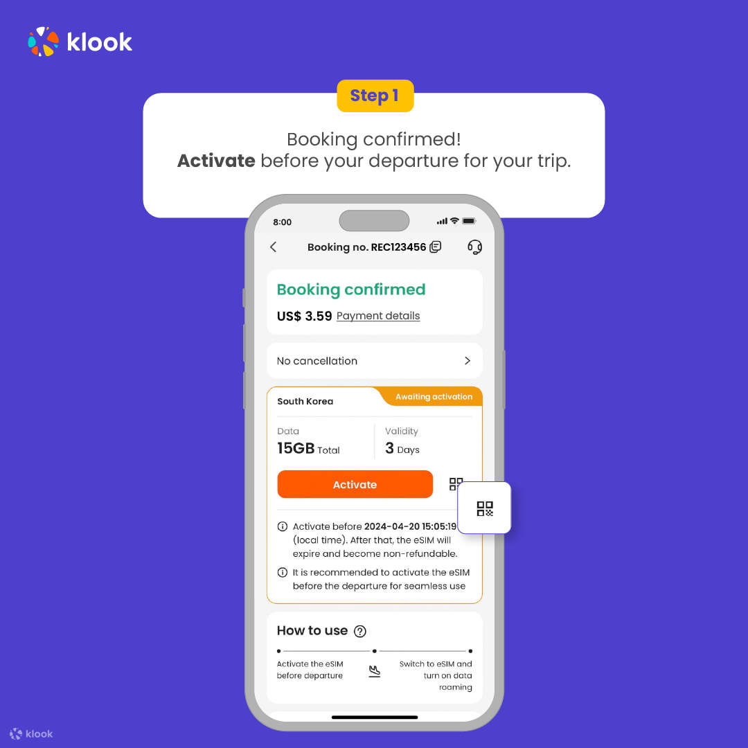 Klook App: Konto – Buchungen – Auf „Aktivieren“ klicken (Du findest den eSIM QR-Code auch im Voucher unter Einstellungen – Mobilfunk – SIMs – Tippe auf eSIM hinzufügen – QR-Code scannen)